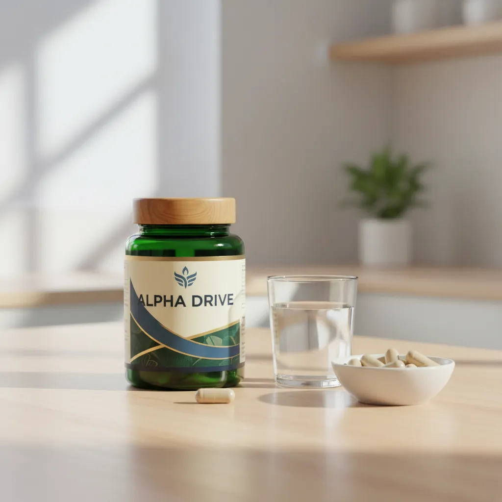 Alpha Drive -purkki skandinaavisella puupöydällä, vesijuoma vieressä - tilaa kotiin
